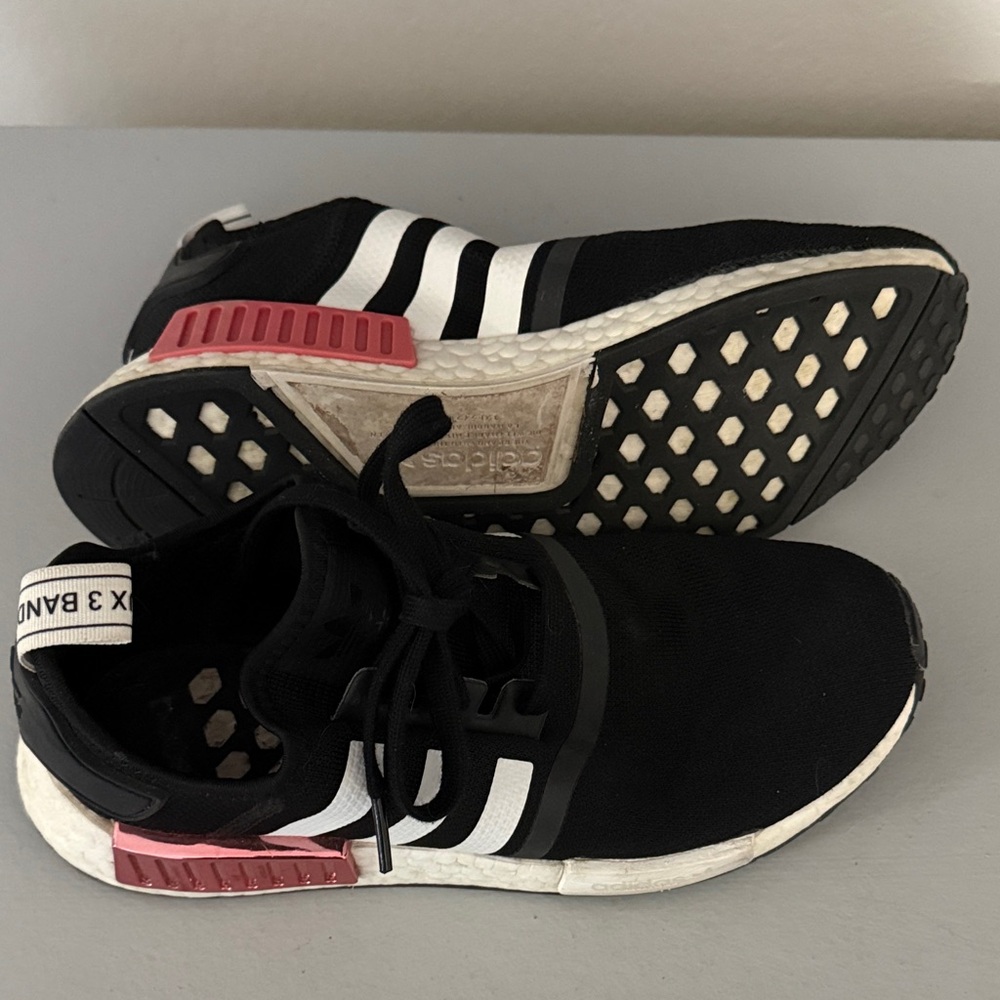 Adidas Black and White Shoes with Pink Highlights